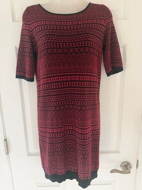 Les Petites 100% Cotton Knit Fair Isle Mini Shift Dress Red/Black Parisian S